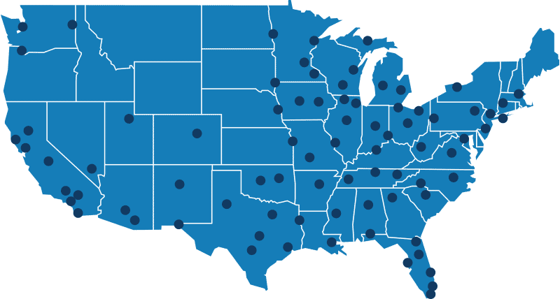 Map of locations where biomedical technicians are based across the U.S.